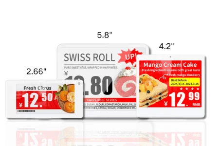 Best buy electronic shelf labels comparison showing 2.66 inch 4.2 inch and 7.3 inch e-ink ESL side by side